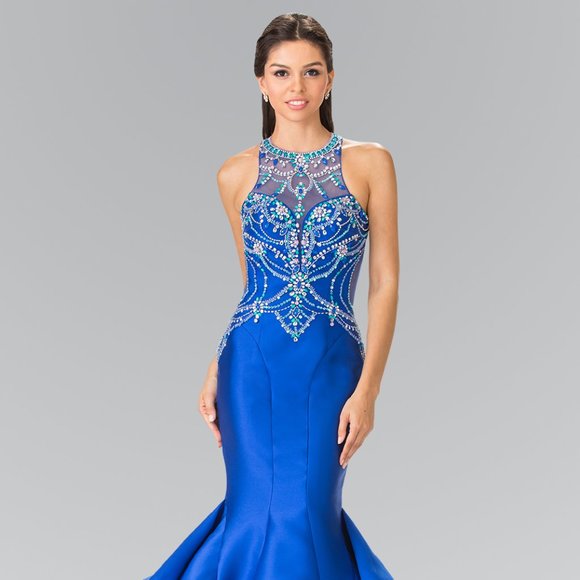 NEW LONG SLEEVELESS SATIN MERMAID DRESS EMBROIDERED WITH RHINESTONES GL2357 - Picture 1 of 12